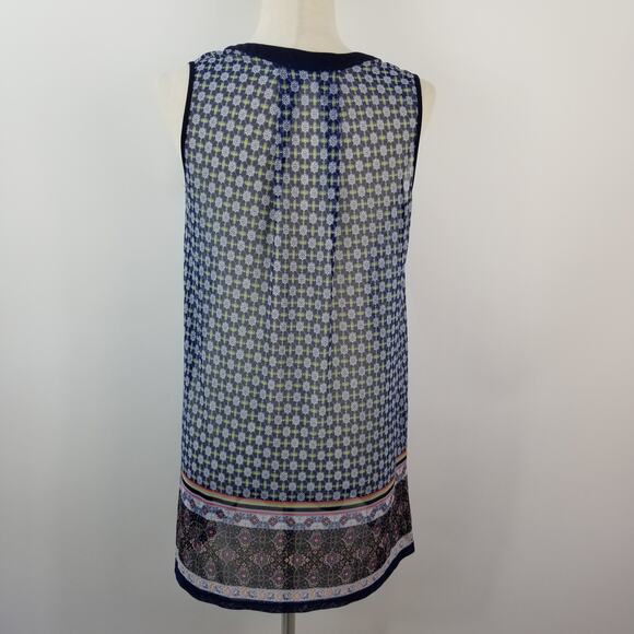 Faith and Joy Blue Yellow White Sheer Sleeveless Tunic Pleated Top Nice   Medium - Picture 3 of 8